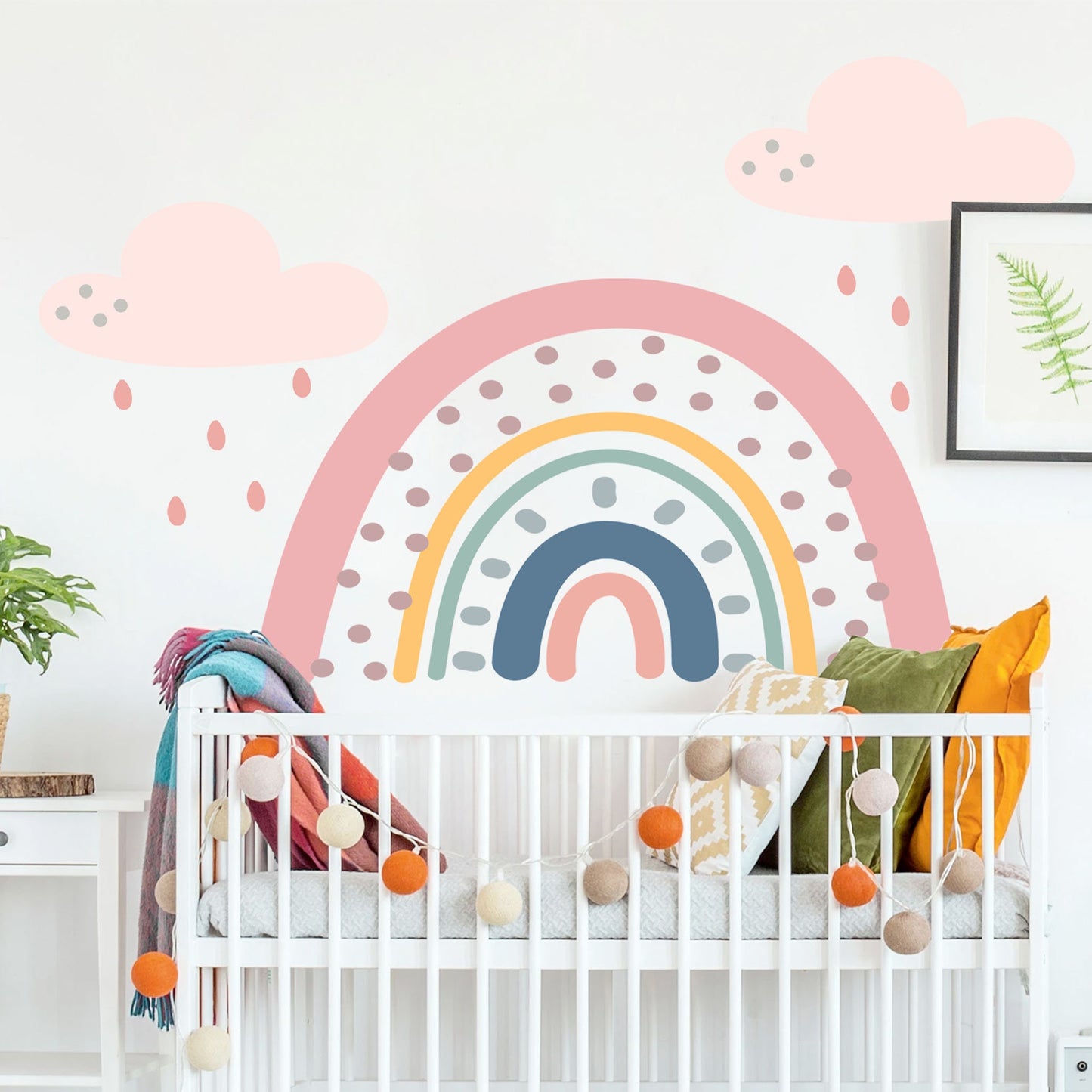 Polka Dots Rainbow under Pink Raining Clouds Wall Decal - BR042