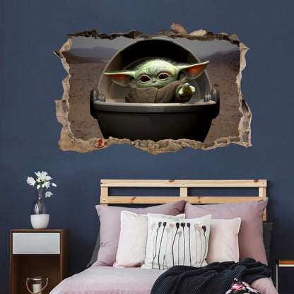 Star Wars Baby Yoda behide a Smashed Wall Hole 3D Wall Decal - BR049