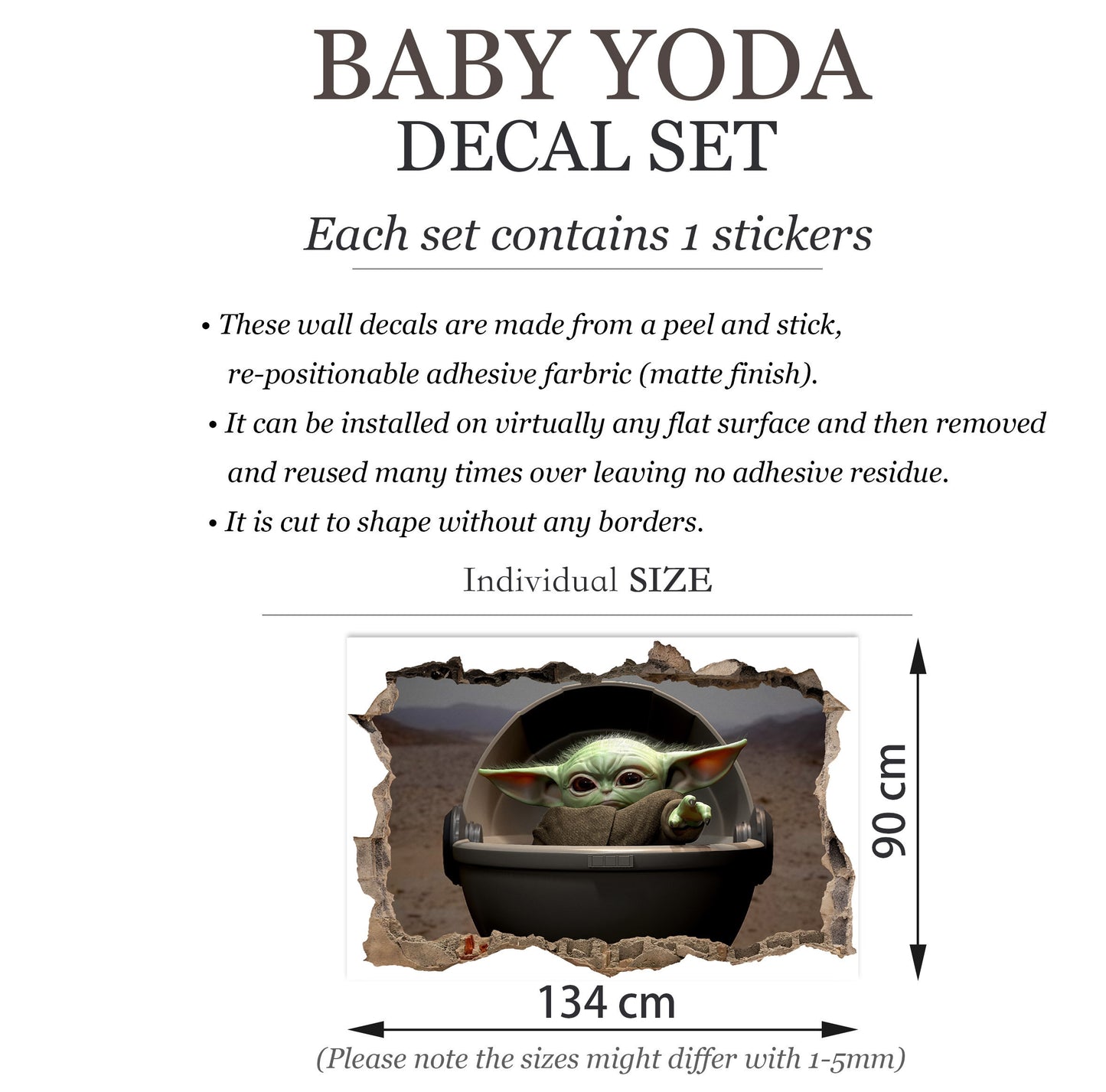 Star Wars Baby Yoda behide a Smashed Wall Hole 3D Wall Decal - BR049