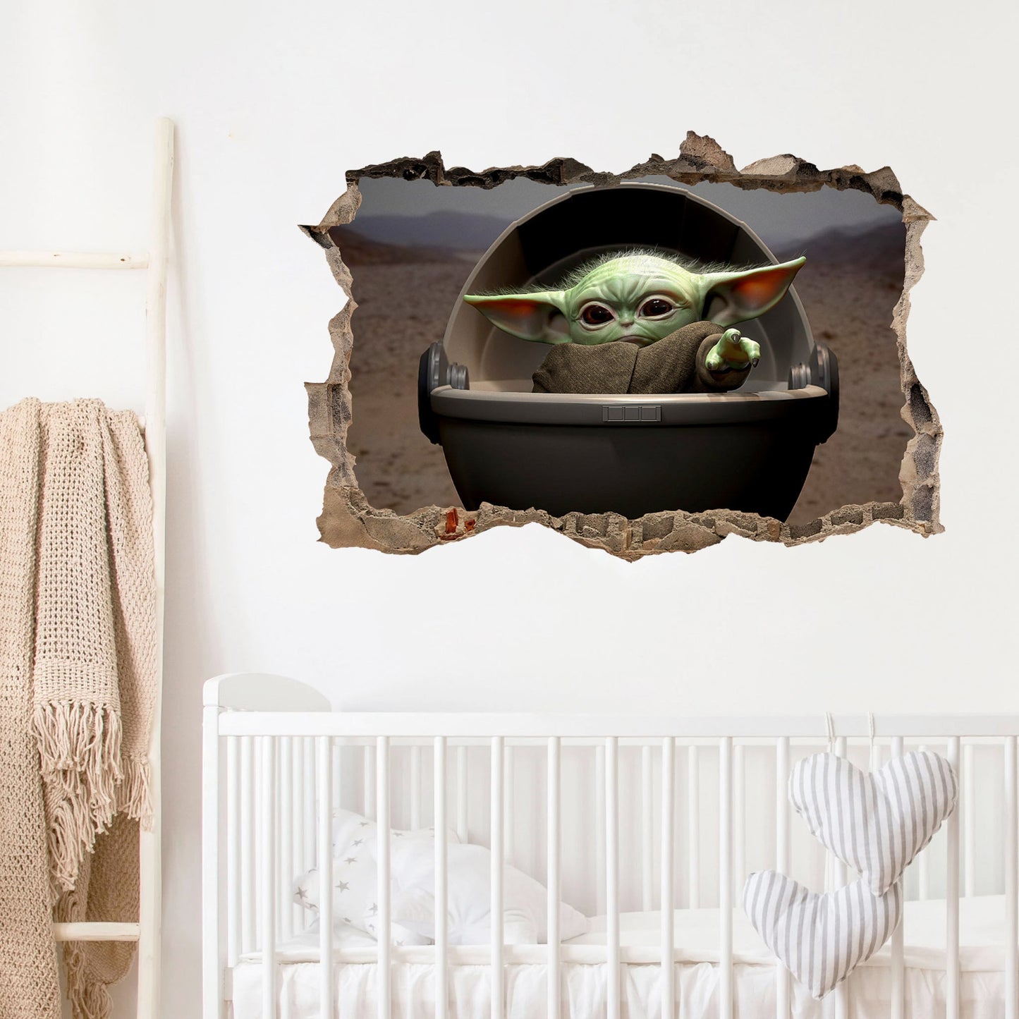 Star Wars Baby Yoda behide a Smashed Wall Hole 3D Wall Decal - BR049