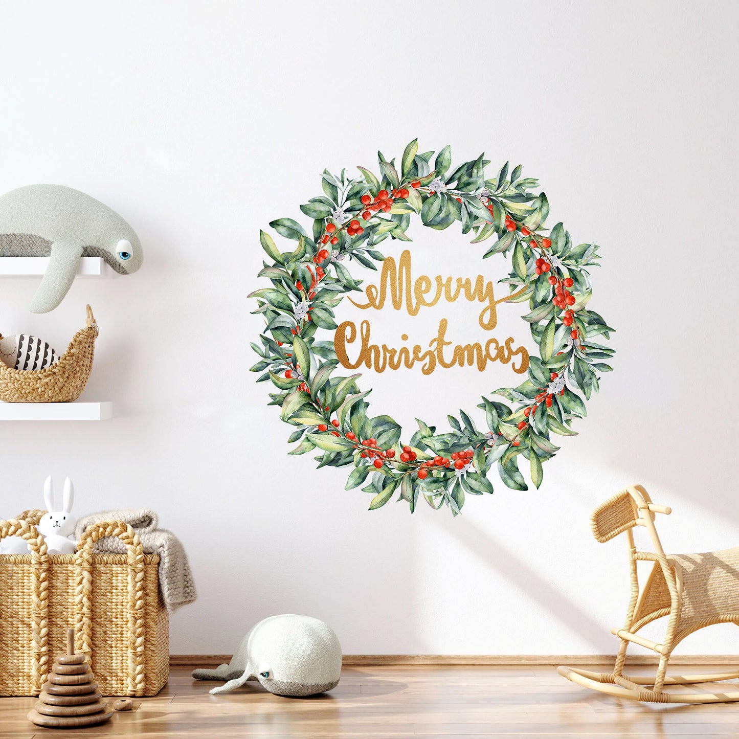Christmas Green Wreath with Merry Christmas Wrinting Wall Decal - BR050