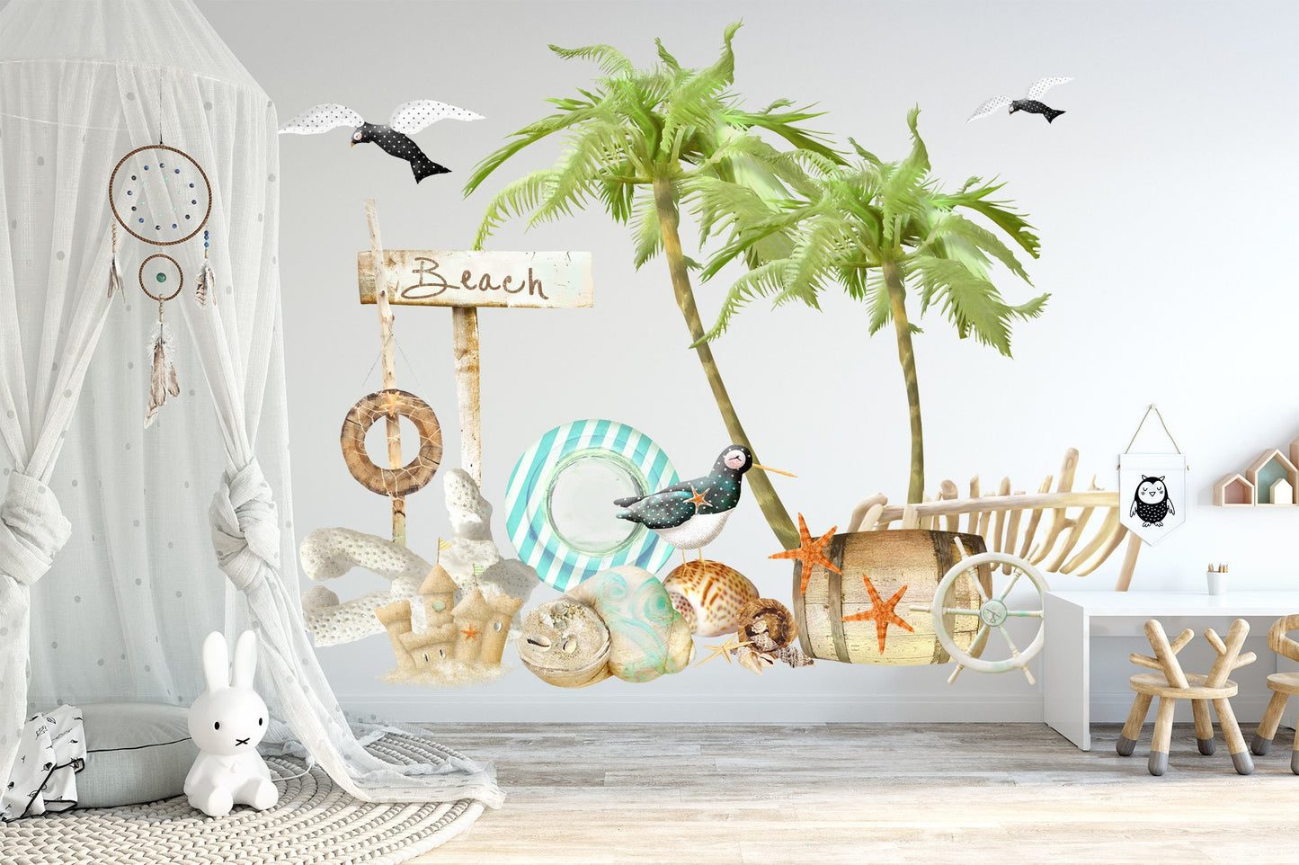 Beach Life Wall Decals: Palm Trees, Lifesaver, Sandcastle, Seashells, Barrel, Starfish - BR076