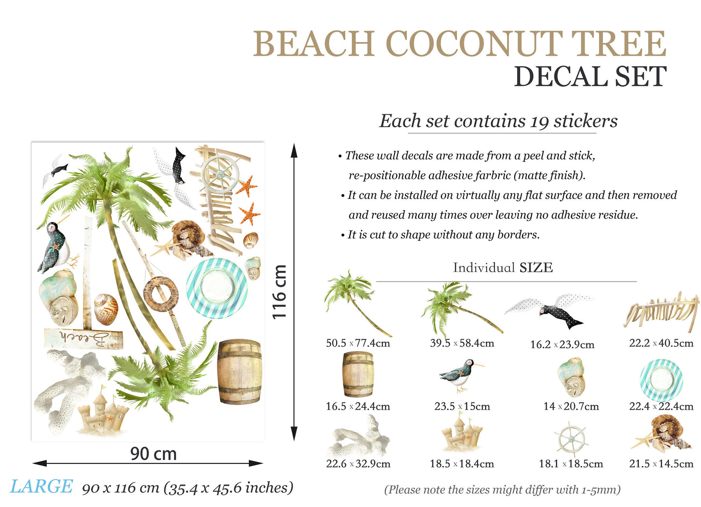 Beach Life Wall Decals: Palm Trees, Lifesaver, Sandcastle, Seashells, Barrel, Starfish - BR076