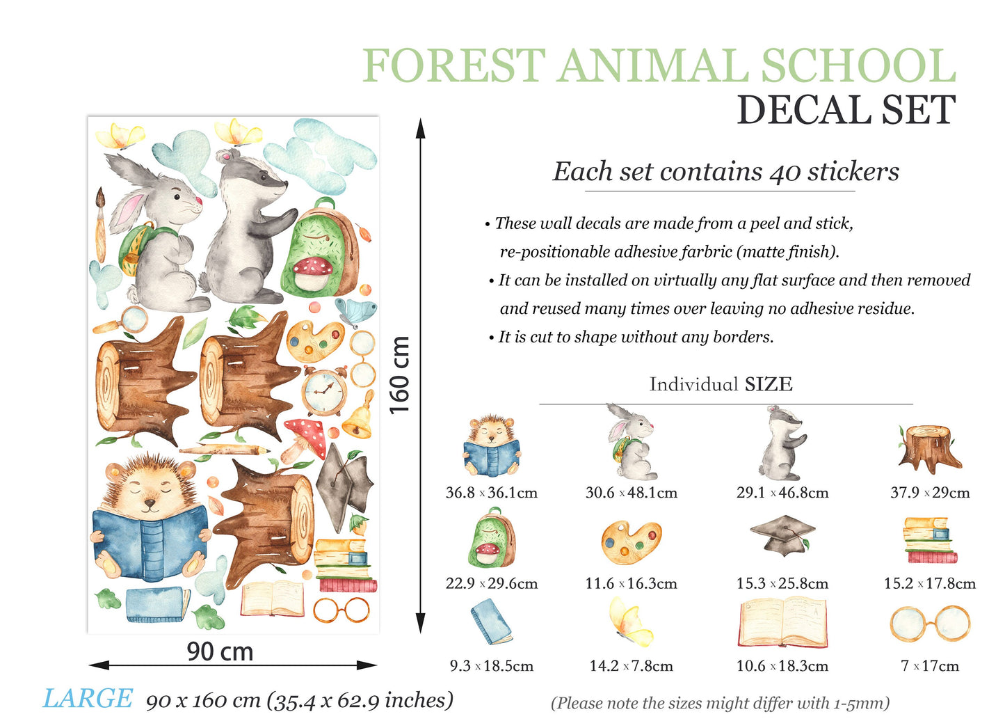 Woodland Scholars Wall Decals: Backpack Bunny, Book-reading Raccoon, Graduated Hedgehog on Stump - BR080