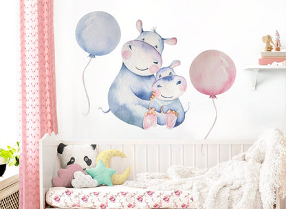 Watercolor Hippo Mom and Baby with Pink and Light Blue Balloons Wall Decals - Girls' Room Decor - BR082