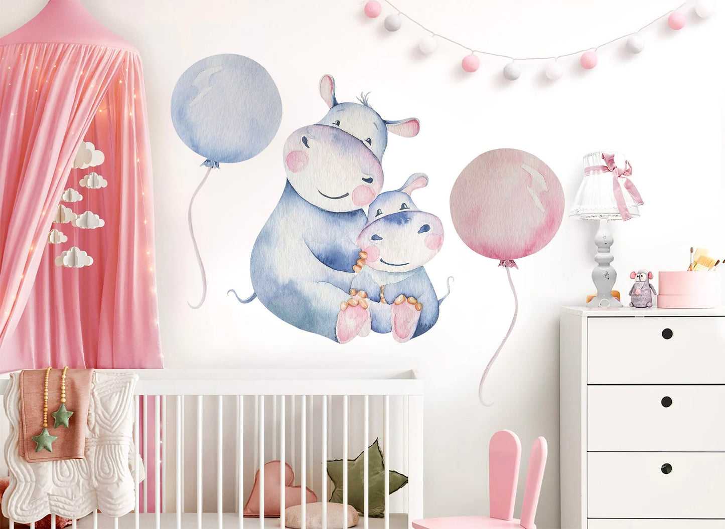 Watercolor Hippo Mom and Baby with Pink and Light Blue Balloons Wall Decals - Girls' Room Decor - BR082