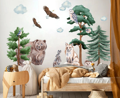 Woodland Friends Gathering: Bear, Fox, Rabbit, Hedgehog, Eagle, Owl Wall Decal - BR089