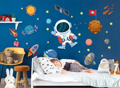 Space Adventure Wall Decals: Astronauts, Planets, Rockets, UFOs, Satellites, Comets - BR077