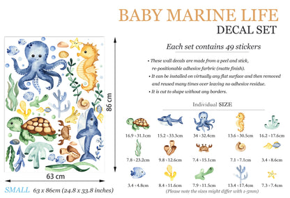 Baby Marine Life Whale Sea Turtle Squid Sea Horse Octopus Wall Decal - BR061