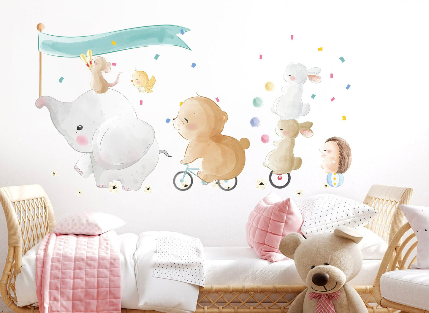 Whimsical Watercolor Circus Animal Wall Decals - Elephant, Bear, Rabbit, Hedgehog Performers - Kids Room Decor - BR093