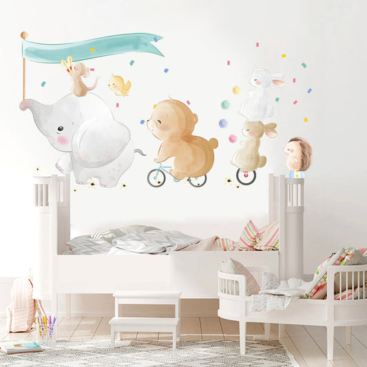 Whimsical Watercolor Circus Animal Wall Decals - Elephant, Bear, Rabbit, Hedgehog Performers - Kids Room Decor - BR093