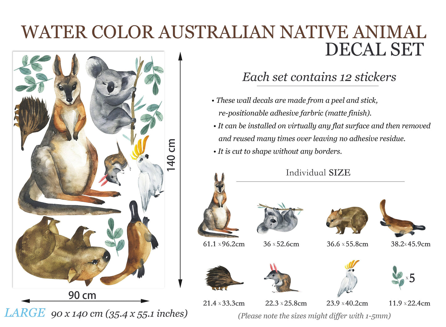 Watercolor Australian Animals Native Wildlife Wall Decal - BR002