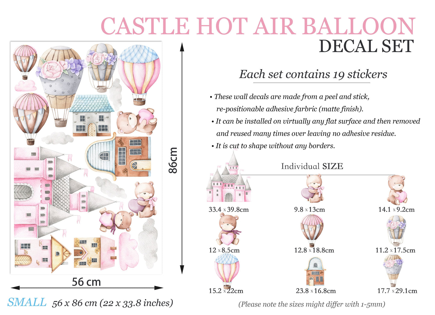 Watercolor Baby Bear in Castle with Pink Hot Air Floral Balloon Removable Wall Decal Sticker - BR099