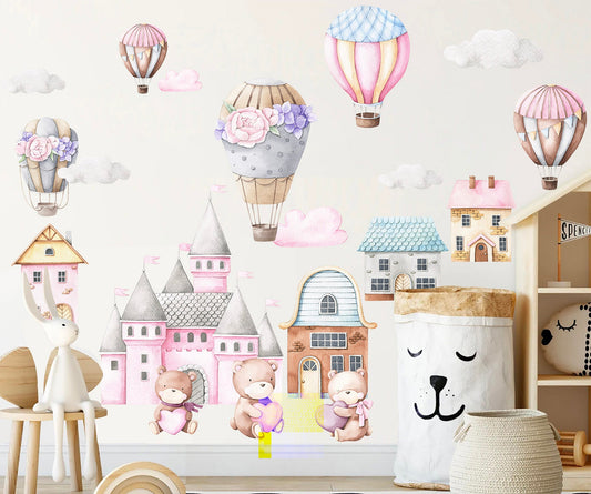 Watercolor Baby Bear in Castle with Pink Hot Air Floral Balloon Removable Wall Decal Sticker - BR099