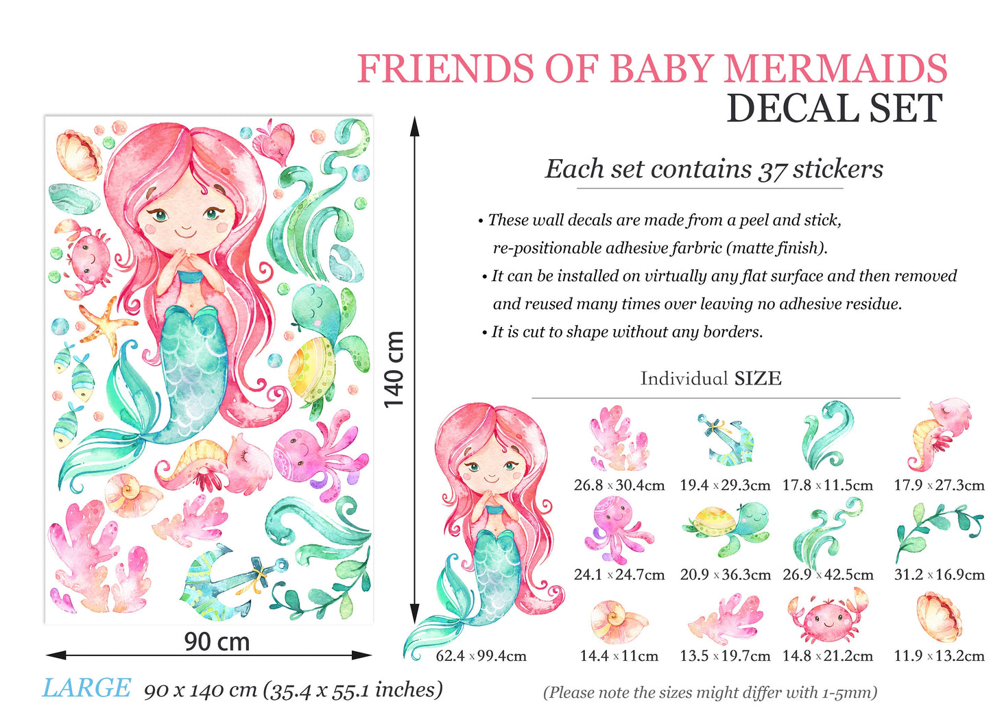 Baby Mermaid with Pink Hair and Sea Creature Friends Wall Decal - BR068