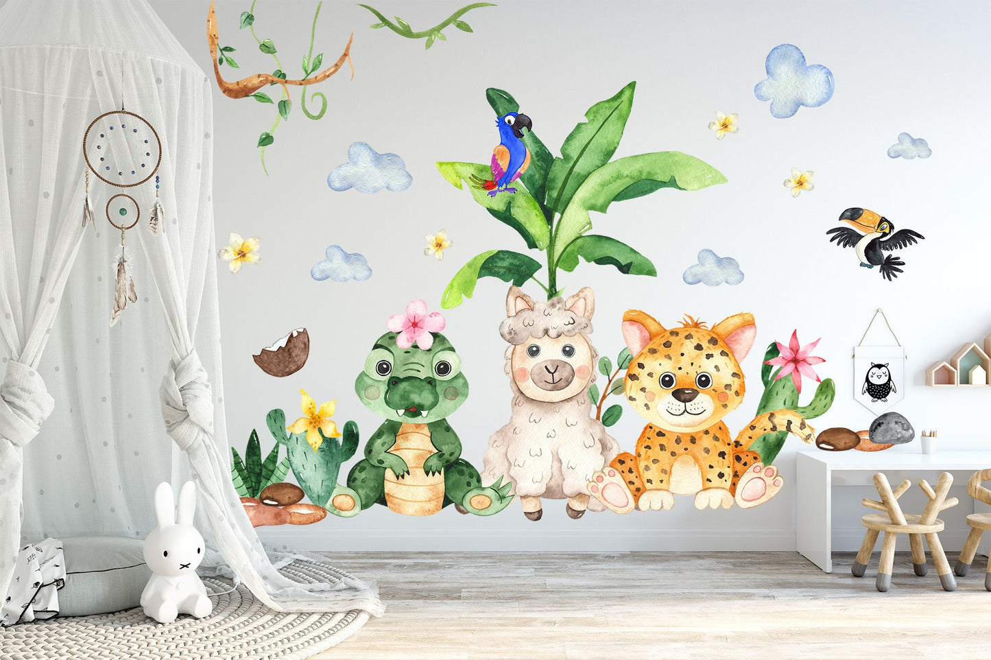 Jungle Animals Watercolor Wall Decal - Crocodile, Llama, Cheetah, Parrot, Plants - Kids Room Decor- BR069