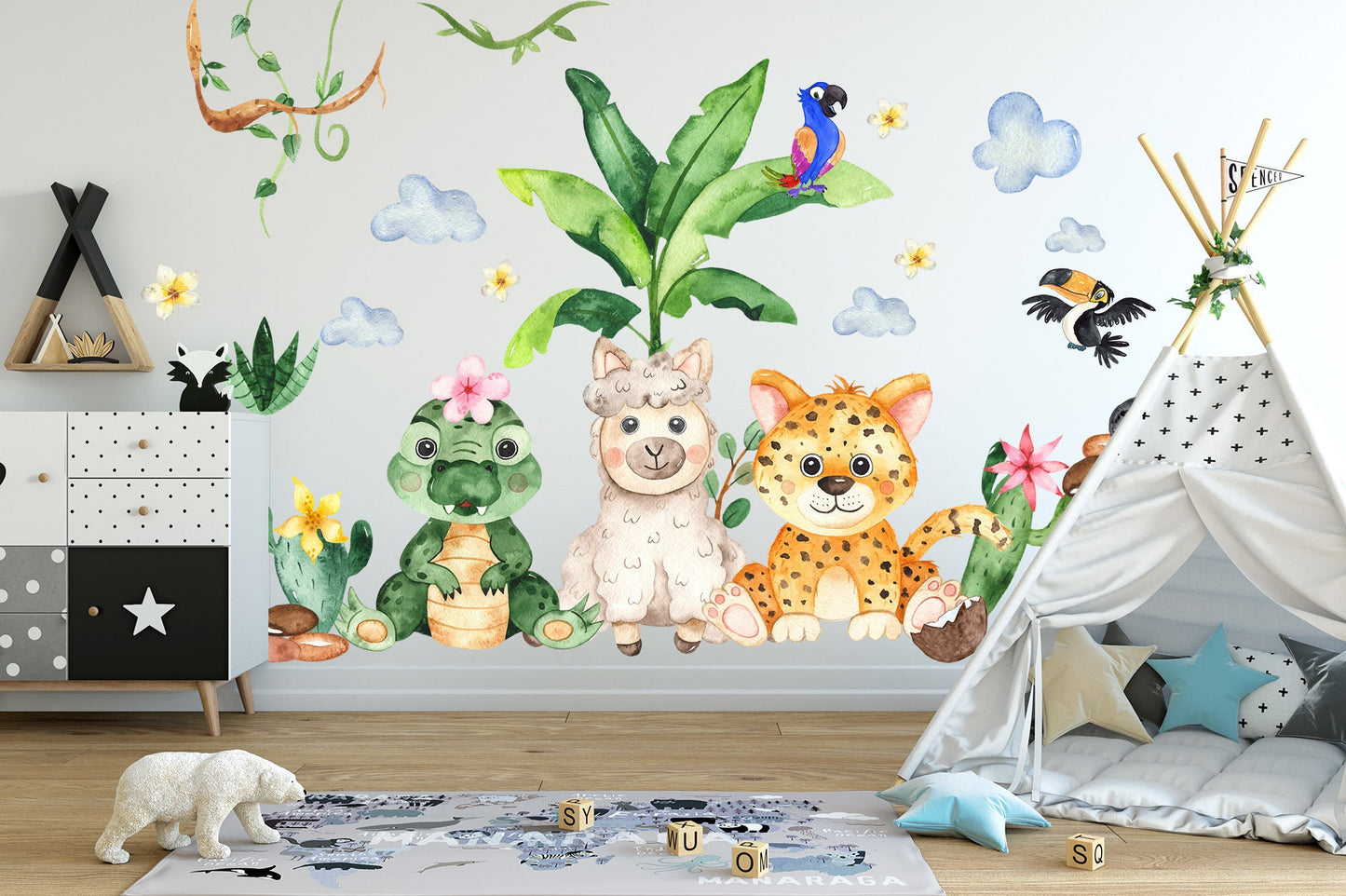 Jungle Animals Watercolor Wall Decal - Crocodile, Llama, Cheetah, Parrot, Plants - Kids Room Decor- BR069