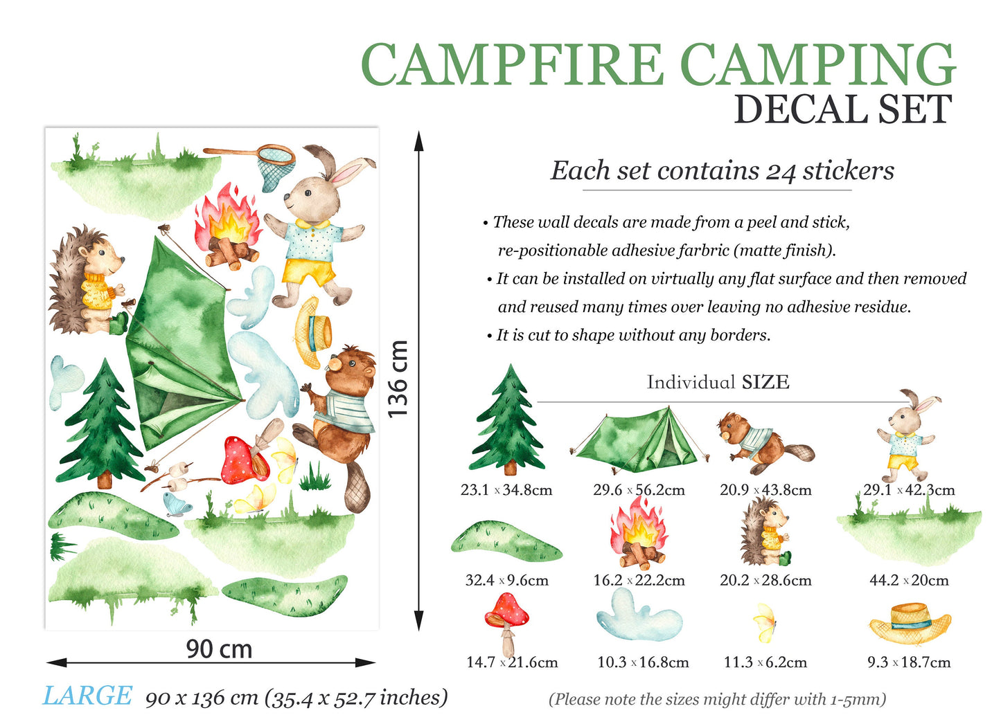 Camping Hedgehog, Bear, and Bunny with Tent, Campfire, and Butterfly Chasing Wall Decal - BR072