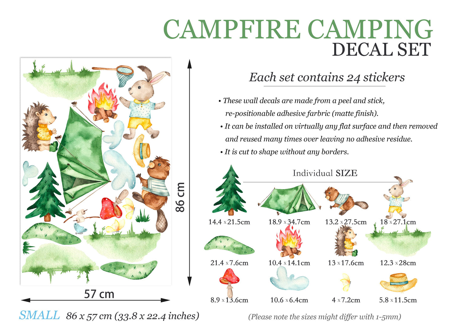 Camping Hedgehog, Bear, and Bunny with Tent, Campfire, and Butterfly Chasing Wall Decal - BR072