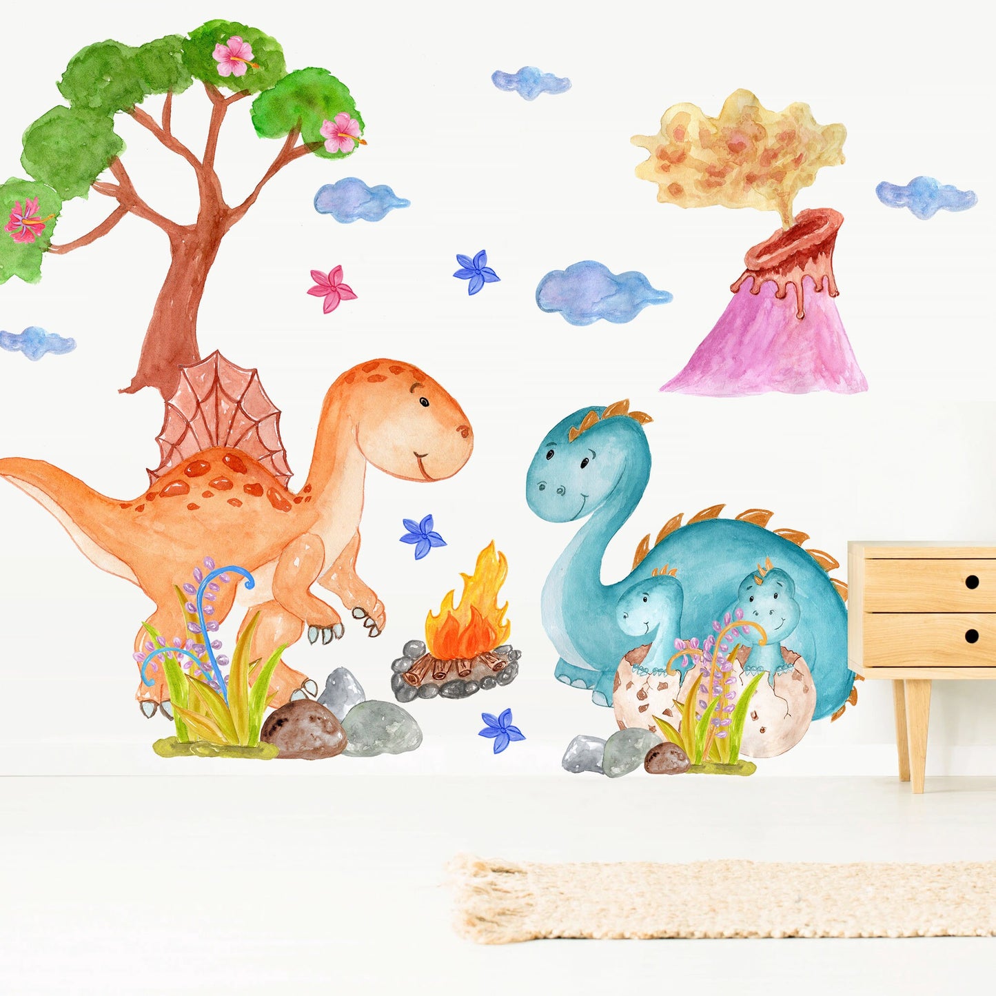 Dinosaur World Wall Decals: Colorful Dinosaurs, Volcano, Trees, Campfire, Hatching Babies Dinos - BR079