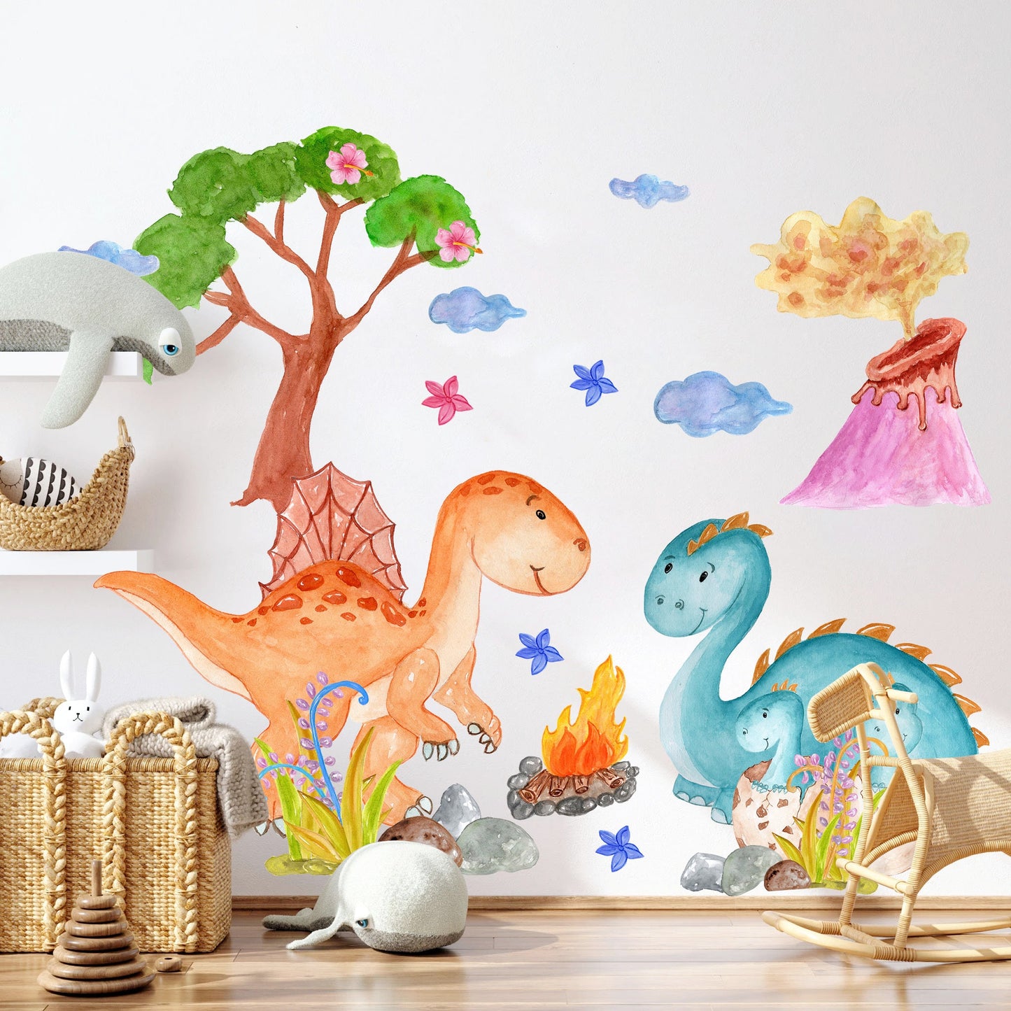 Dinosaur World Wall Decals: Colorful Dinosaurs, Volcano, Trees, Campfire, Hatching Babies Dinos - BR079