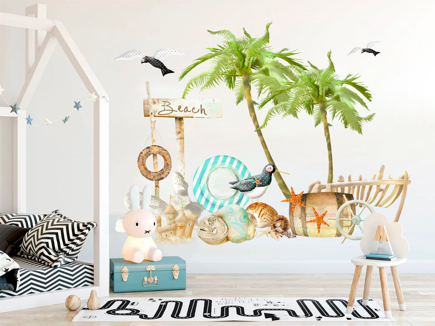 Beach Life Wall Decals: Palm Trees, Lifesaver, Sandcastle, Seashells, Barrel, Starfish - BR076