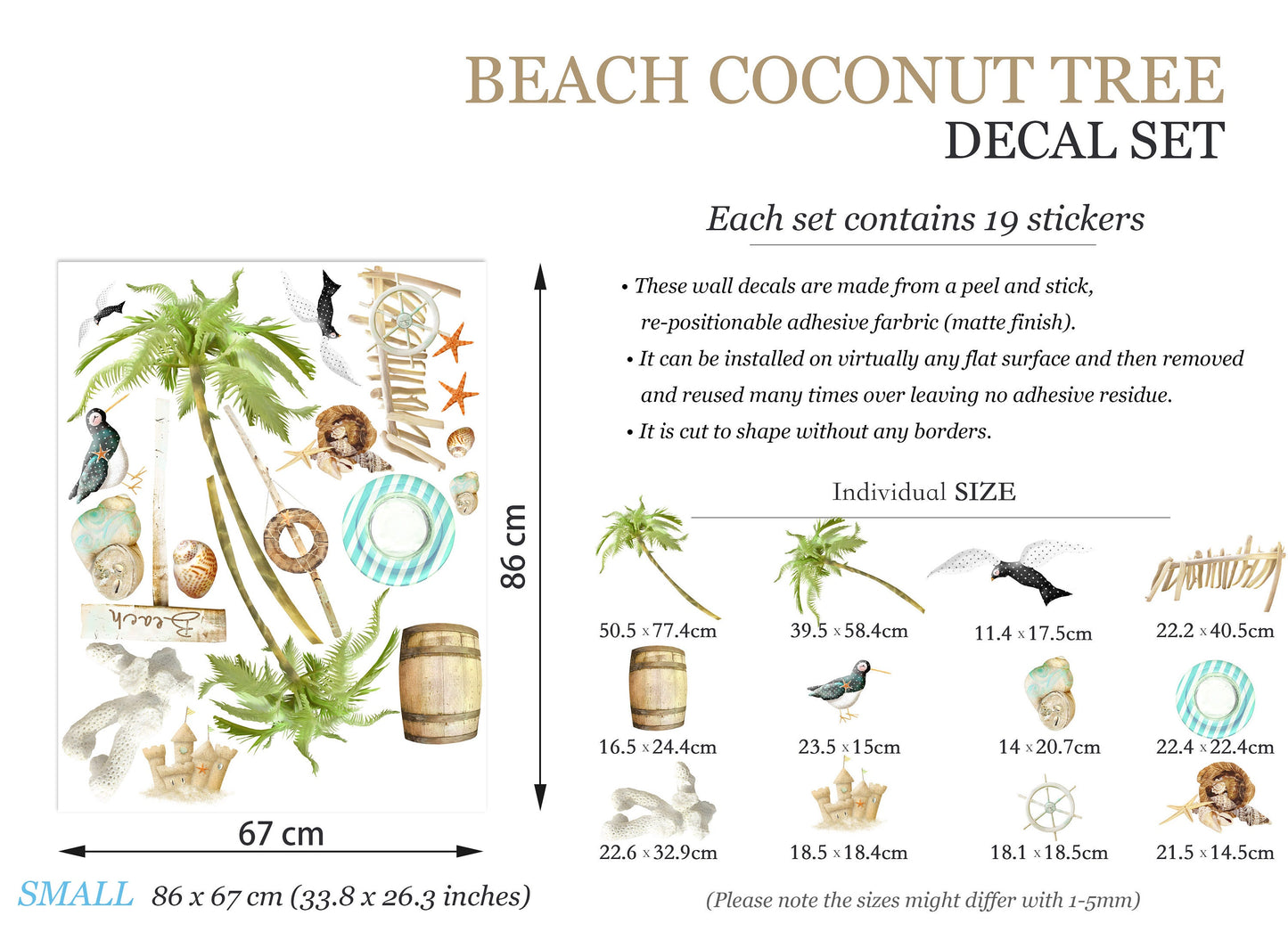 Beach Life Wall Decals: Palm Trees, Lifesaver, Sandcastle, Seashells, Barrel, Starfish - BR076