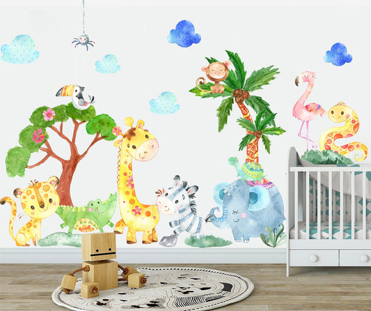 Playful Baby Animals Under Tree Wall Decal -  Crocodile Giraffe Elephant Monkey Zebra - BR103