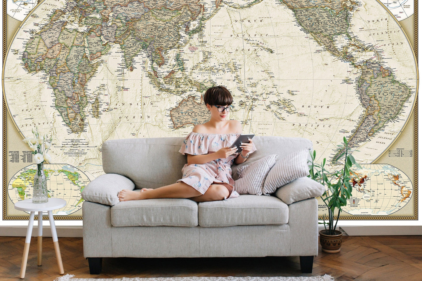 Vintage World Map Fabric Wallpaper Peel and Stick - Printed Wall Murals - Removable Wall Paper - WM002