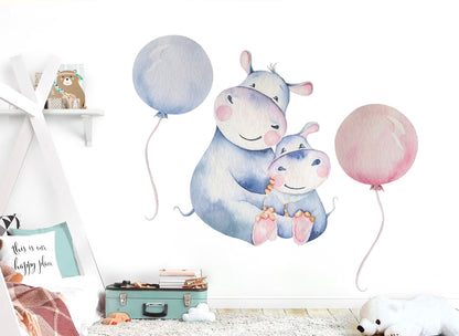 Watercolor Hippo Mom and Baby with Pink and Light Blue Balloons Wall Decals - Girls' Room Decor - BR082