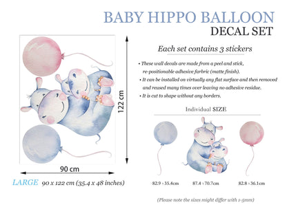 Watercolor Hippo Mom and Baby with Pink and Light Blue Balloons Wall Decals - Girls' Room Decor - BR082