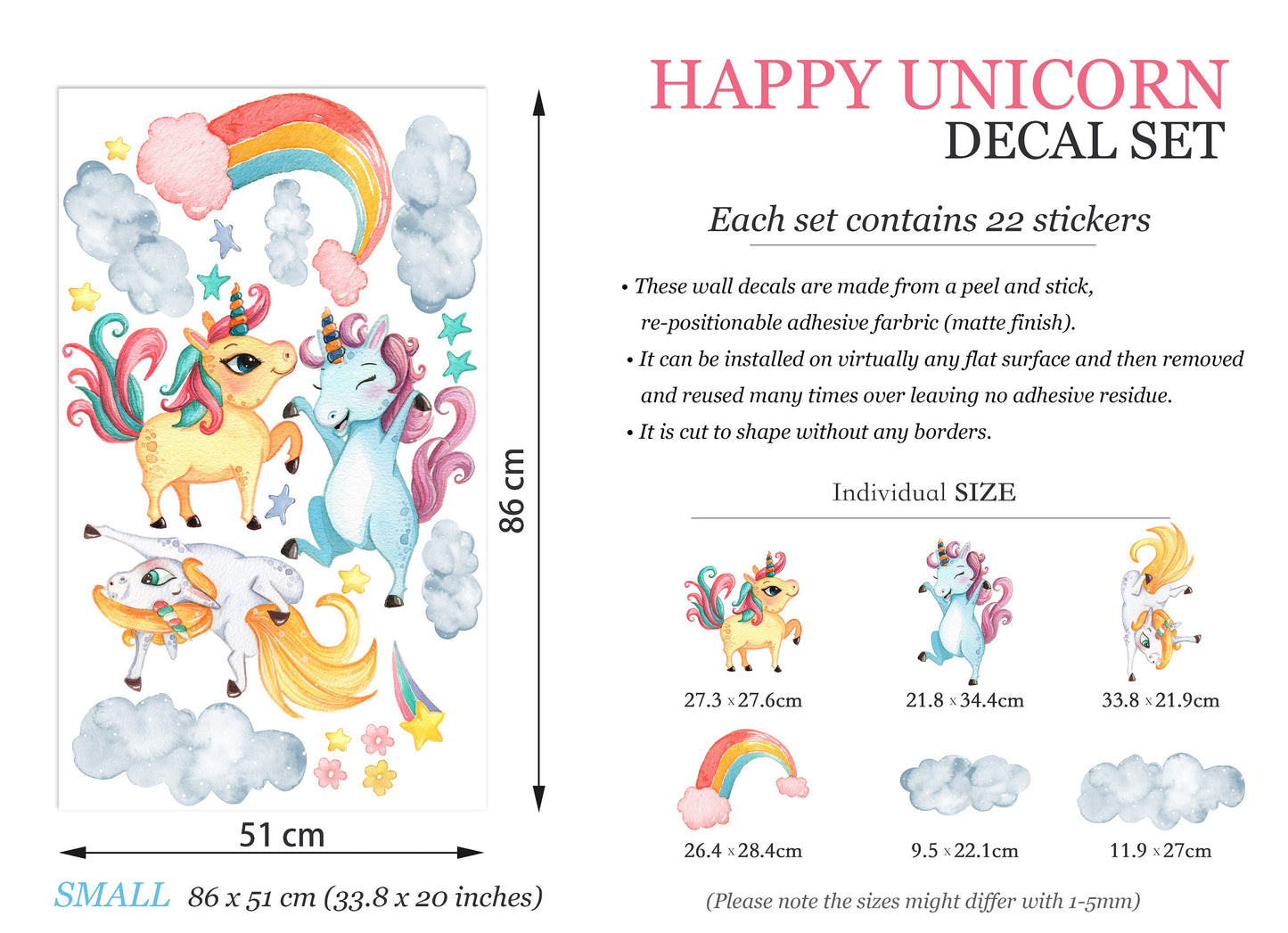 Dancing Unicorns in the Sky: Rainbow, Stars, Flowers Wall Decal - BR081