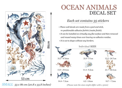 Ocean World Watercolor Wall Decal - Playful Marine Life Kids Room Decor - BR102