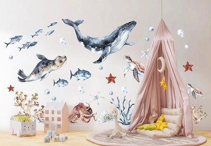 Ocean World Watercolor Wall Decal - Playful Marine Life Kids Room Decor - BR102