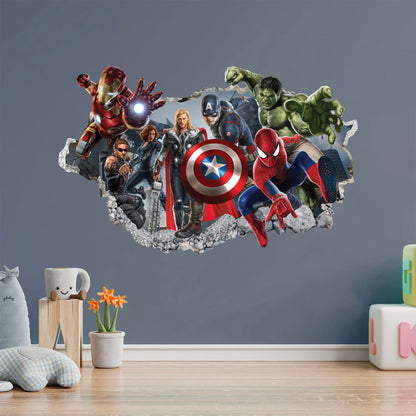 Avengers Hulk Spiderman Captain America 3D Smashed Wall Decal - BR104