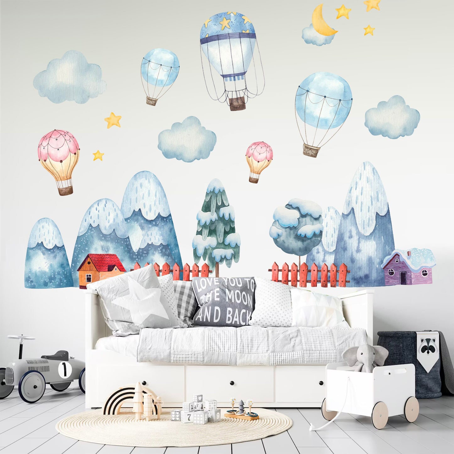 Baby Blue and Baby Pink Hot Air Balloons Over Snowy Mountains, Pine Forest, and Clouds Wall Decal - BR086