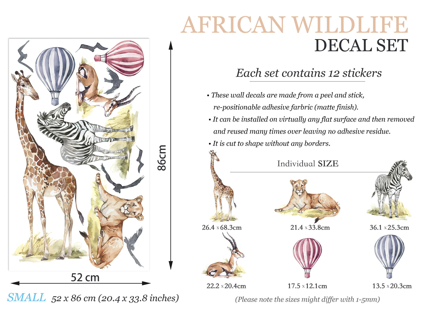 African Savannah Wildlife Wall Decal - Giraffe Antelope Lion Zebra Eagles Hot Air Balloons - BR107