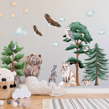 Woodland Friends Gathering: Bear, Fox, Rabbit, Hedgehog, Eagle, Owl Wall Decal - BR089