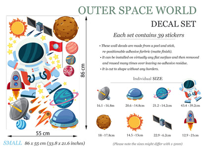 Space Adventure Wall Decals: Astronauts, Planets, Rockets, UFOs, Satellites, Comets - BR077