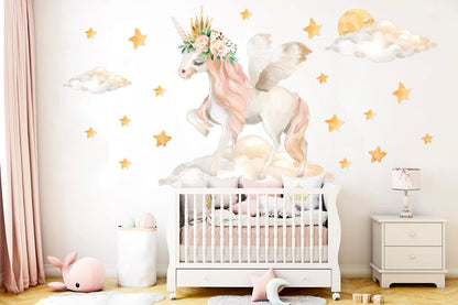 Dancing Unicorn Stroll at Starry Sky Wall Decal - Girl Room Decor - Removable Peel and Stick - BR110