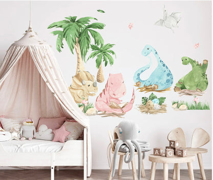 Baby Dinosaurs Resting by Palm Tree Dino Wall Decal - BR113