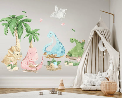 Baby Dinosaurs Resting by Palm Tree Dino Wall Decal - BR113