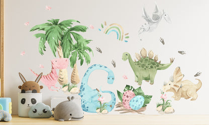 Baby Dinosaurs Resting by Palm Tree Dino Wall Decal - BR113