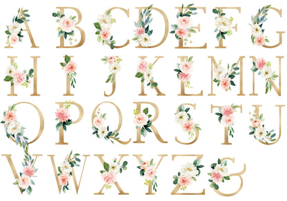 Bohemian Floral Gold Alphabet Letters Initial Wall Decal - BR116