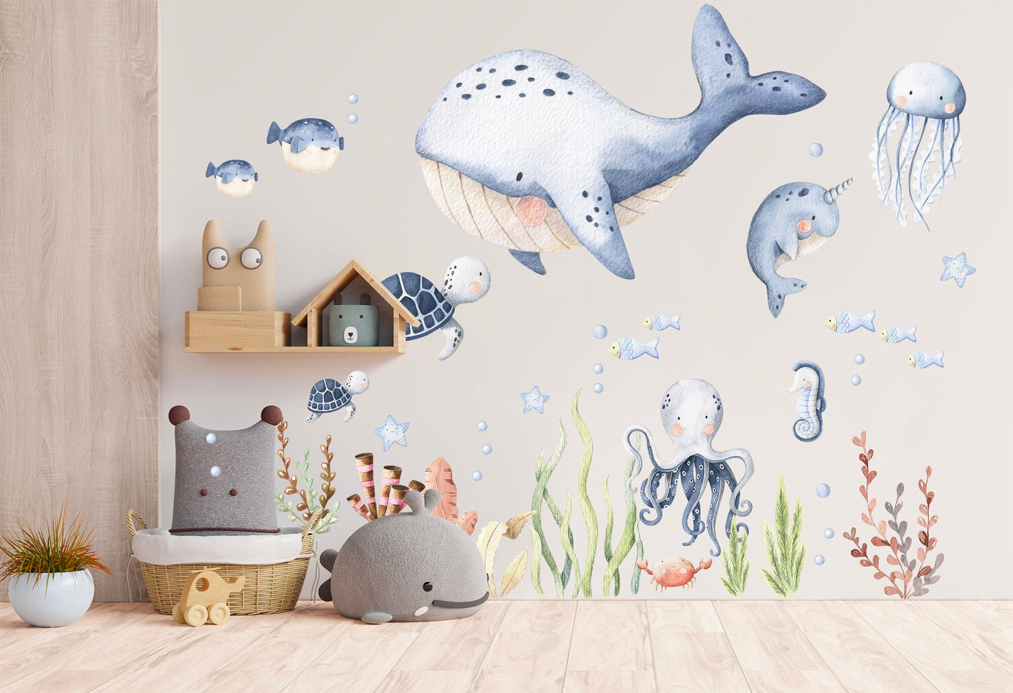 Underwater World Baby Marine Life Wall Decal - Orca Narwhal Sea Turtle Octopus Jellyfish Seahorse Seaweed - BR095