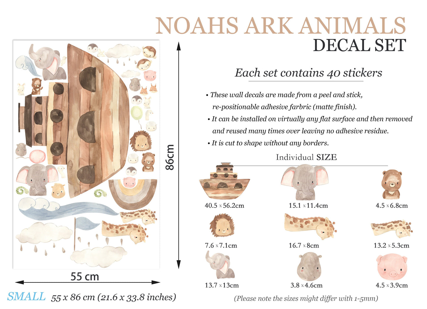 Noah's Ark Animal Jungle Safari Zoo Vintage Wall Decal - Elephant Giraffe Pig Monkey Lion Rainbow - BR118