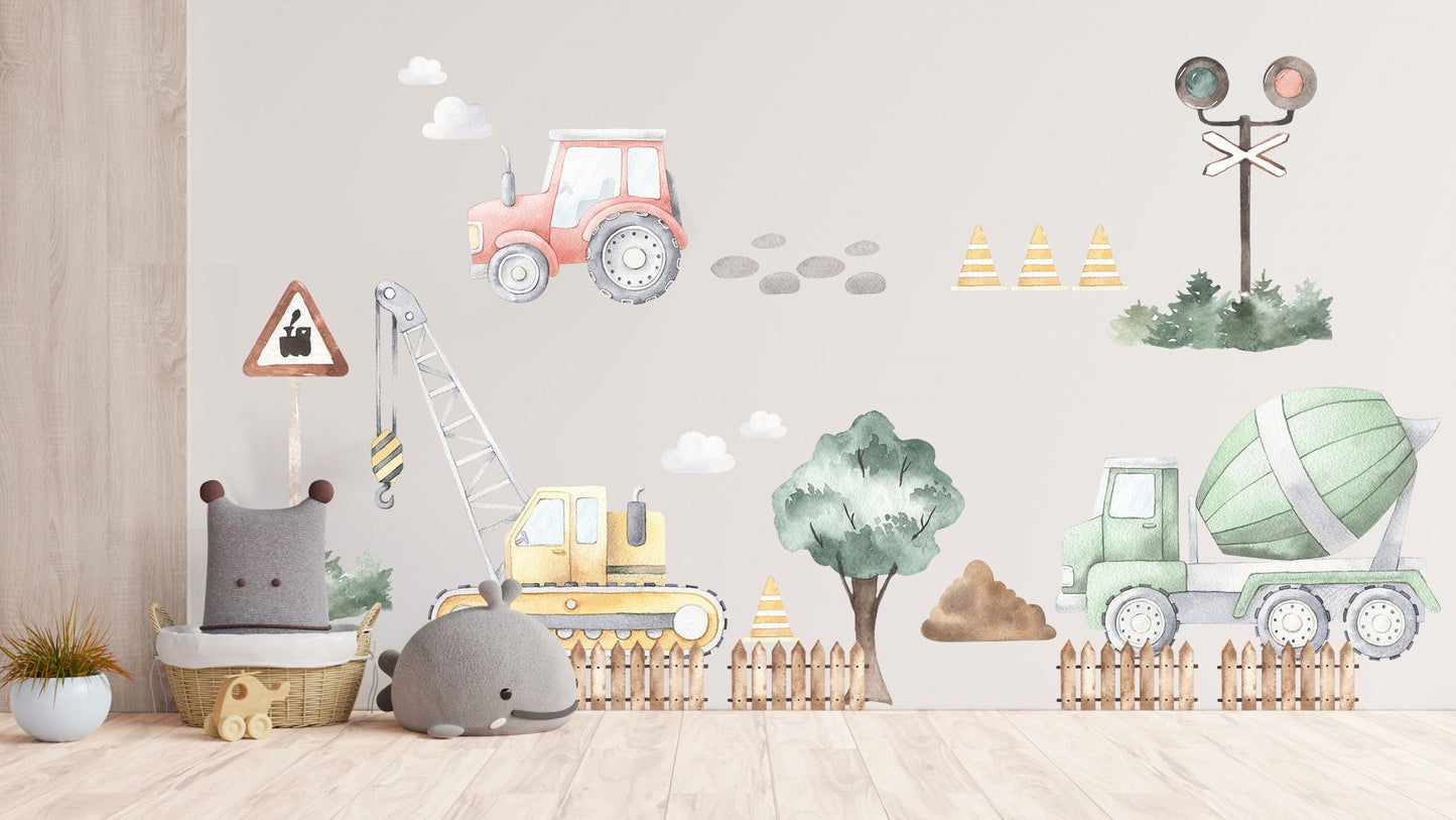 Country Style Construction Trucks Tractors Diggers Removable Wall Decal Boys Room Gift - BR097