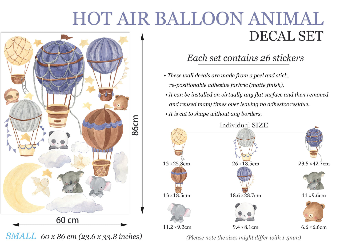 Adorable Animal Babies Flying on Moonlit Hot Air Balloon Removable Wall Decal - Koala Elephant Panda Sloth - BR117