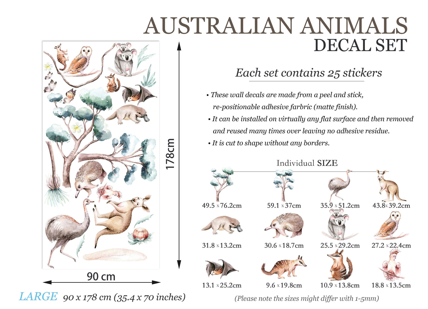 Australian Native Animals Kangaroo Koala Ostrich Platypus Removable Wall Decal - BR098