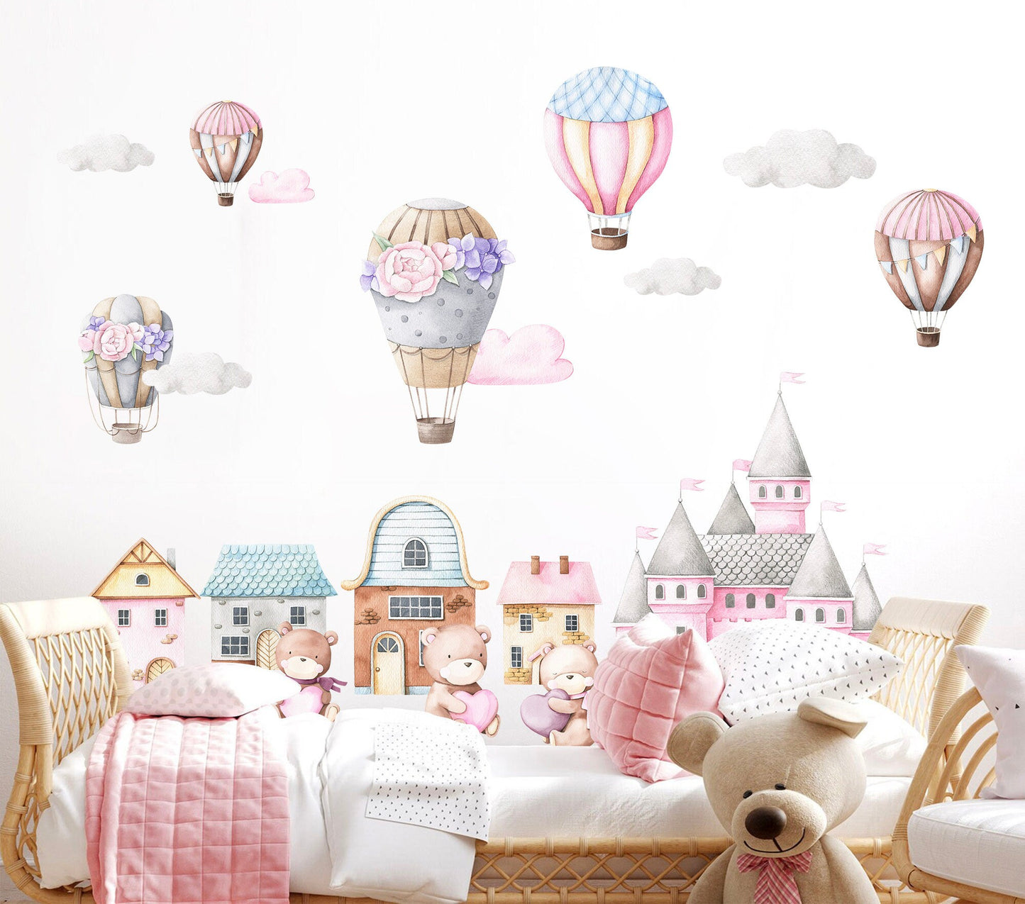 Watercolor Baby Bear in Castle with Pink Hot Air Floral Balloon Removable Wall Decal Sticker - BR099